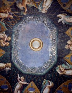 Putti e Glimpse of sky, cerca de 1524, de Francesco Mazzola, conhecido como Parmigianino (1503-1540), fresco, abóbada de Room of Diana e Actaeon, Rocca Sanvitale, Fontanellato, perto de Parma, Emilia-Romagna, Detalhe, Itália de Parmigianino