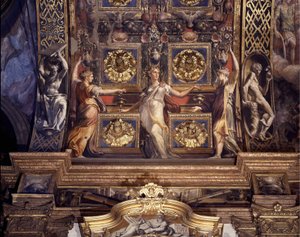 Três das cinco virgens loucas. Detalhe dos afrescos de Francesco Mazzola (1503-1540) conhecidos como O Parmigianino (O Parmesão) que decoram a abóbada principal da Capela Maior da Igreja da Madonna della Steccata em Parma. de Parmigianino