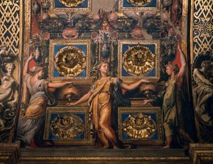 Três virgens sábias, detalhe de Três virgens sábias e três virgens tolas, de Francesco Mazzola conhecido como Il Parmigianino, afresco, abaixo do arco do presbitério, Santuário de Santa Maria della Steccata, Parma, Emilia-Romagna. Itália de Parmigianino