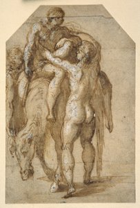 Dois homens nus que levantam um homem doente de um cavalo cansado (caneta e tinta castanha com lavagem castanha elevada com a cor branca do corpo em papel) de Parmigianino