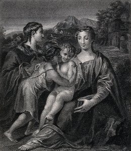 Santa Maria (a Bem-Aventurada Virgem) com o Menino Jesus, São João Batista e Santa Maria Madalena. Gravura segundo G.F.M. Mazzola, il Parmigianino. de Parmigianino