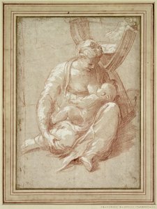 Virgem sentada no chão, amamentando a criança de Parmigianino