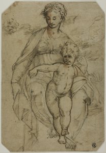 Virgem e Menino (reto); Esboço de Três Santos e Esboço de Caricatura (verso) de Parmigianino