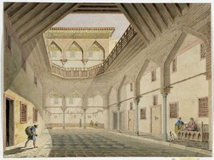 Vista do interior de um caravanserail, casa de Azir Osman Agha. Aguarela de Pascal Coste (1787-1879) Museu de Arqueologia Mediterrânica, Marselha