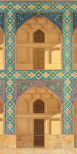 Detalhe das arcadas pátio na Medrese-i-Shah-Hussein, Isfahan, placa 26-27 de monumentos modernos da Pérsia, gravada por A. Levie, 1856 litho