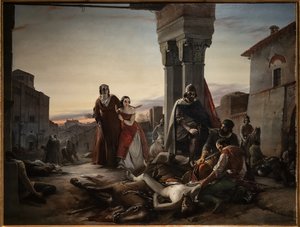 A mãe de Ricciardino Langosco que procurava o cadáver do seu filho morto durante a conquista de Pavia às mãos de Matteo Visconti em 1315 de Pasquale Massacra