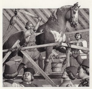 Andrea Verrocchio esmaga a cabeça da sua estátua de um cavalo (guache sobre papel)