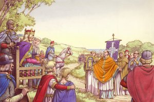 Agostinho em frente do rei Ethelbert e da sua rainha Bertha (guache sobre papel)