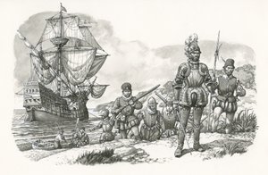 Primeiros europeus a chegar à Califórnia (guache sobre papel)