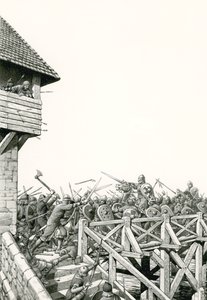 Conquista Normanda: tropas avançando pelo Tamisa (guache sobre papel)