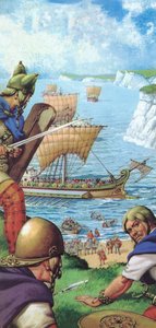 Os romanos a invadir a Grã-Bretanha (litografia a cores)