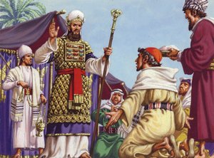 Os três reis magos perguntam a Herodes: "Onde está o menino que nasceu para ser Rei dos Judeus" (guache sobre papel)