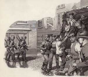 Um soldado alemão a ajudar prisioneiros a fugir de um camião (guache sobre papel)