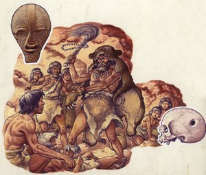 Um médico da Idade da Pedra expulsa o demónio que provoca a doença do seu semelhante (guache sobre papel)