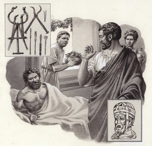 Galeno, o médico, arrisca a sua vida ao dizer a um imperador romano que ele estava a comer demais (guache sobre papel)