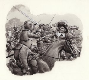 Cavalaria fortemente blindada do século XVII (guache sobre papel)