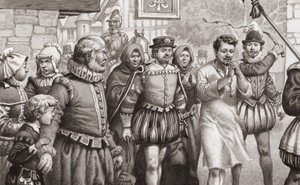 O rei Henrique III de França a cumprir uma penitência, caminhando pelas ruas de Paris com uma camisa de pelo enquanto é chicoteado (guache sobre papel)