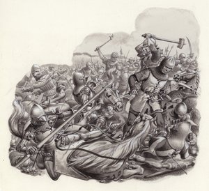 Cavaleiros abatidos no campo de batalha (guache sobre papel)