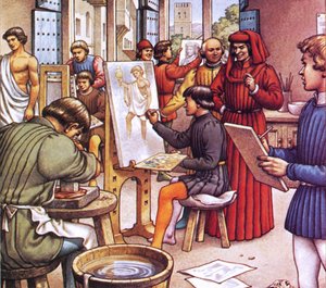 Lorenzo de Medici visita a escola que criou para os artistas