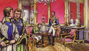 Napoleão assina os artigos de abdicação no Palácio de Fontainbleau (guache sobre papel)