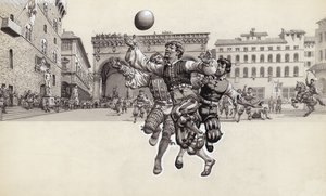 Jogar futebol em Florença (guache sobre papel)