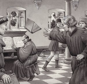 Poggio Bracciolini atira um livro a um colega académico, Tortelli (guache sobre papel)