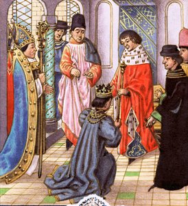 Ricardo II renuncia à sua coroa a Henrique Bollingbroke, mais tarde Henrique IV