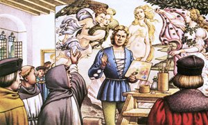 Savonarola repreende Botticelli por ter pintado o Nascimento de Vénus