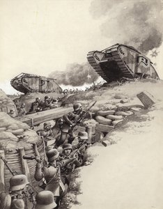 Tanques rolam sobre trincheiras alemãs durante a Grande Guerra (guache sobre papel)