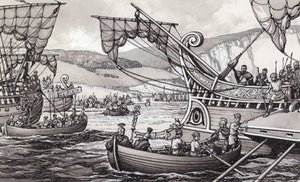 Os romanos invadindo a Inglaterra em 55 a.C. sob o comando de Júlio César (guache sobre papel)
