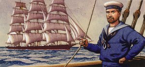 Marinheiro bem vestido e barco à vela de vela quadrada (guache sobre papel)