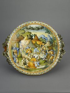 Bacia com o ajuntamento do maná, provavelmente Urbino, c.1600-20 (maiolica) de Patanazzi Workshop