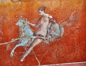 Oplontis, perto de Nápoles, Itália (Nápoles, Itália): murais na Villa Poppaea - pormenor de um fresco romano, cena mitológica do rapto de Europa - arte romana - Foto Patrice Cartier - de Patrice Cartier