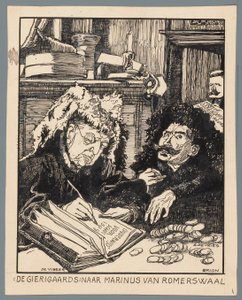 Os Ministros De Visser e Simon de Vries como cobradores de impostos
De Gierigaards: depois de Marinus van Romerwaal (título sobre o objecto) de Patricq Kroon (signed by artist)