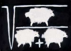 Clonagem: Um símbolo matemático que representa operações de cálculo de raiz quadrada, divisão e adição, com uma ovelha a servir de cobaia. Colagem de algodão branco sobre fundo preto.