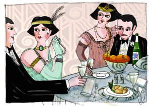 Ilustração de um jantar mundano em "Gatsby, o Magnífico" do escritor americano Francis Scott Fitzgerald (1896-1940) (O Grande Gatsby) Desenho de Patrizia Laporta