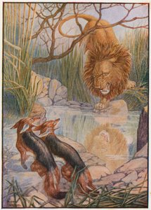 O rosto de um leão olhou para ele fora da água (cor litho) de Patten Wilson