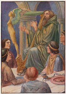 O Dagda pegaria na sua harpa e tocaria alguns acordes (cor litho)