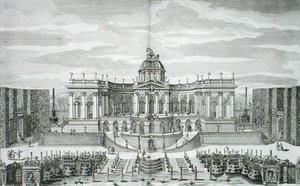 A Grande Gruta e o Jardim da Fonte no Princely Pleasure Palace and Gardens, Berlim, gravada por Johann August Corvinus (1683-1738), publicada c.1711-16 (gravura)