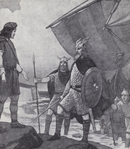 Irmãos Hengist e Horsa chegando a Ebbsfleet, Ilha de Thanet, Kent, durante a invasão dos Anglos, Saxões e Jutes no século V (litho)
