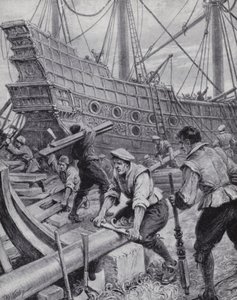 Edifício do galeão inglês Ark Royal, a principal nave na luta contra a Armada Espanhola em 1588 (litho)