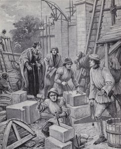 O Rei Henrique VI supervisiona o edifício do Colégio Eton que ele fundou em 1440 (litho)