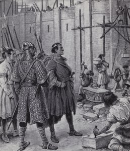 Guilherme, o Conquistador, supervisionando o edifício da Torre de Londres (litho)