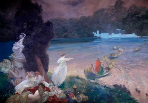 Happy Island: cena de fábula representando barcos que se juntam aos convidados num banquete na relva. Detalhe de uma pintura sobre papel de parede de Paul Albert Besnard (1849-1934). 1900. Paris, Artes Decorativas de Paul Albert Besnard