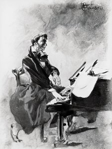 O compositor e pianista Frederic Chopin tocando piano, de Albert Besnard (1849-1934), aguarela de Paul Albert Besnard