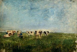 Vacas num prado em ordenha (óleo sobre papelão)