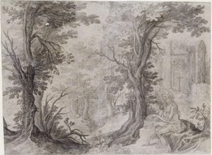Santa Maria Madalena na solidão. A penitente emagrecida está sentada numa elevação e segura um cesto ao seu lado. Acima dela, ao fundo, um pequeno templo circular em ruínas, uma cópia livre do Templo da Sibila em Tivoli, com uma cruz à frente. No Mi