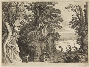 Luta entre homens numa paisagem rochosa de Paul Bril