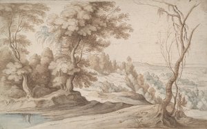 Paisagem com árvores e vista para um vale de Paul Bril