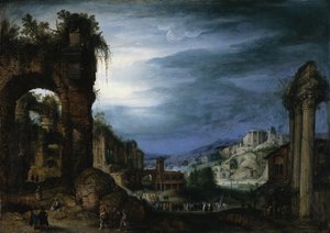 Paisagem de ruínas romanas com uma procissão de Paul Bril